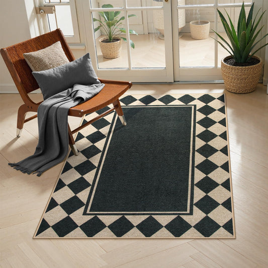 Moynesa Checkered Easy Jute Outdoor Patio Rug 3x5, Washable Indoor Outdoor Rugs for Entryway Non Slip, Farmhouse Carpet for Living Room Bedroom Kitchen Backyard Porches, Black Grid Pattern