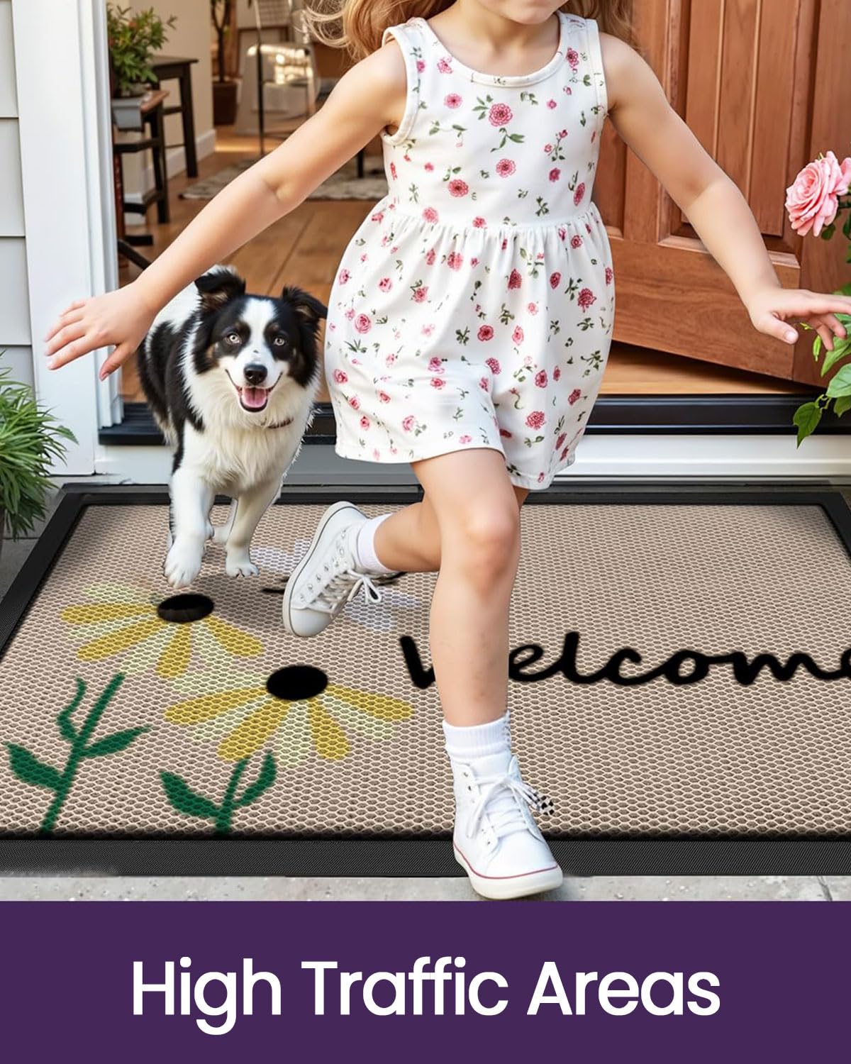 DEXI Front Door Mat Outside Entrance Welcome, Froral Entryway Doormat Dirt Trapper, Heavy Duty Non Slip Entry Mats for Patio Garage Porch Home Decorative, 17x30, Bee and Flower