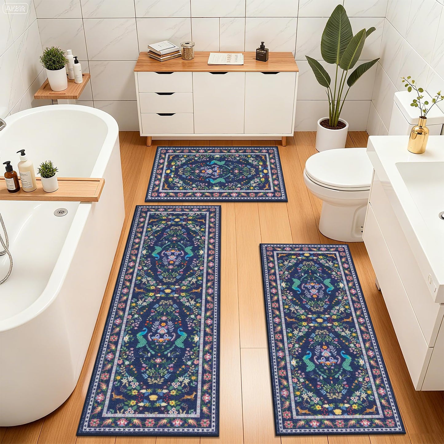 HEBE Washable Kitchen Rugs Sets of 3, Non Slip Absorbent Kitchen Rugs and Mats, Farmhouse Stain Resistant Kitchen Mat Carpet Runner for Kitchen Floor, Laundry Room, Hallway