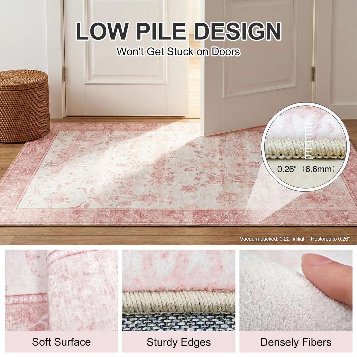 Cnythlis Large 8'x10' Washable Boho Area Rug, Distressed Vintage Medallion Carpet for Big Dining Room, 0.26" Low Pile Spill Resistant Faux Wool Rug - Foldable Non-Slip Silicone Grip, Pink & White