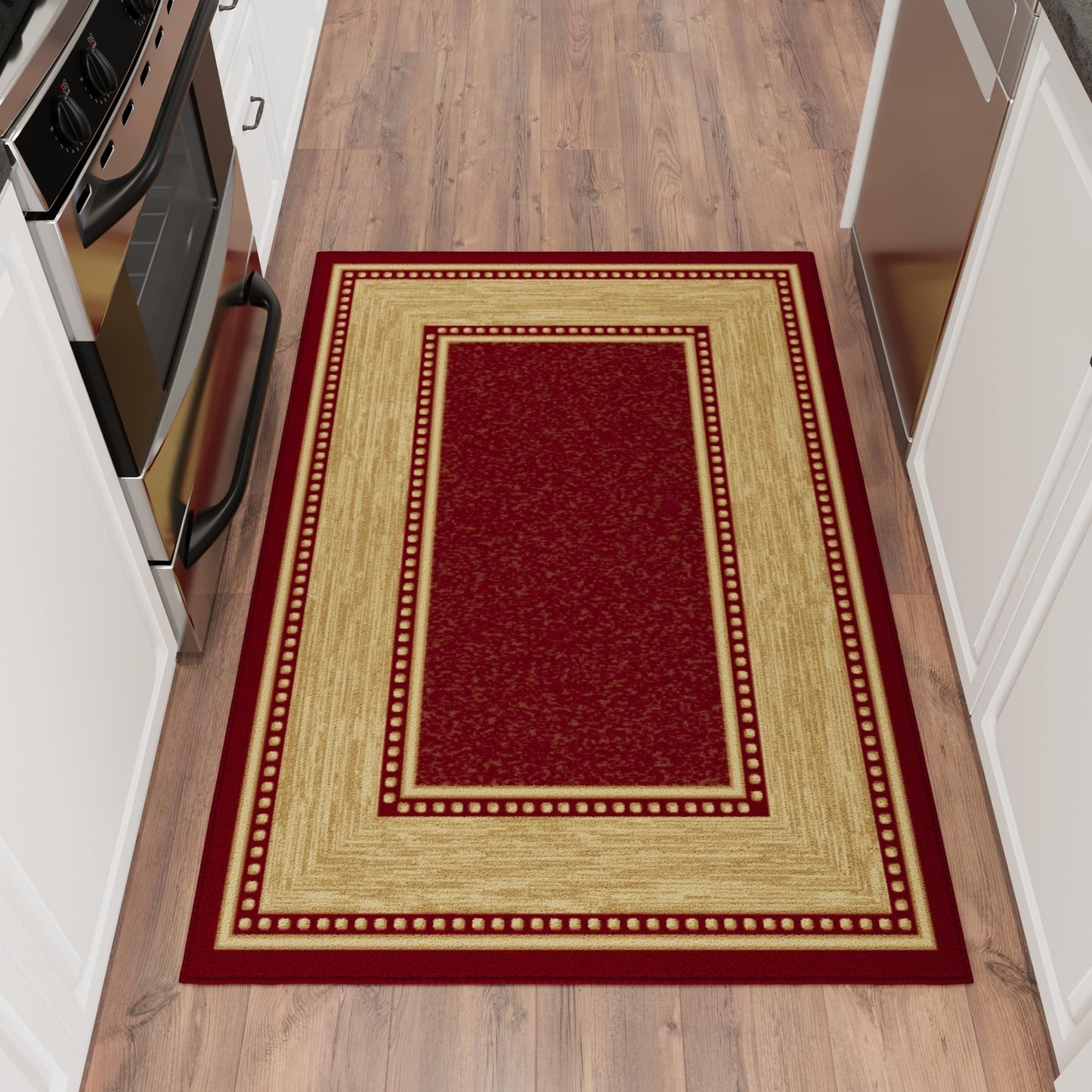 Ottomanson Area Rug 3'3" x 4'7" – Non Slip Rubber Backed Indoor Rug, Low Pile Accent Rug for Living Room, Bedroom, Entryway, Kitchen, Durable Floor Carpet, Border Red