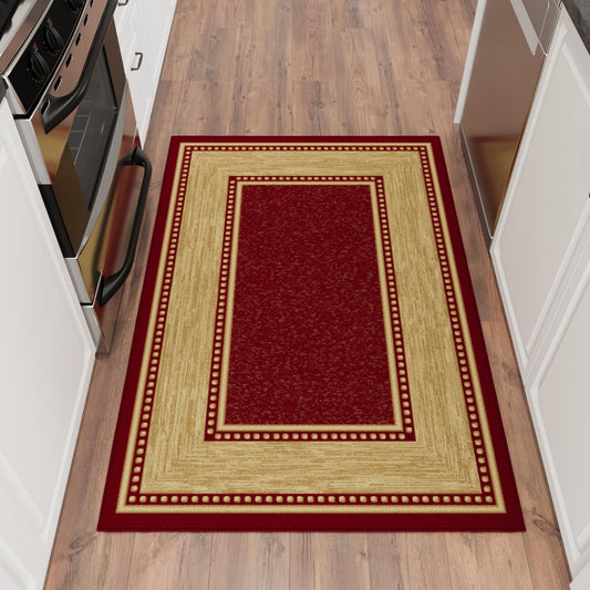 Ottomanson Area Rug 3'3" x 4'7" – Non Slip Rubber Backed Indoor Rug, Low Pile Accent Rug for Living Room, Bedroom, Entryway, Kitchen, Durable Floor Carpet, Border Red
