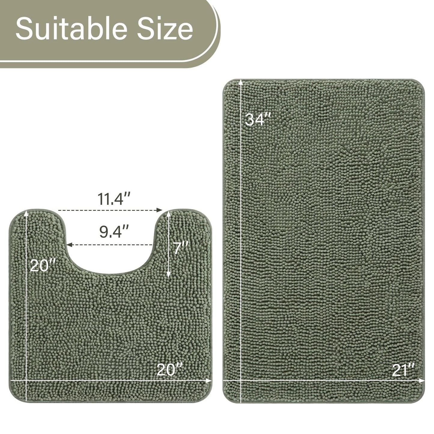 LOCHAS Bathroom Rugs Sets 2 Piece, Soft Non Slip Bath Mat Set, 20''x20'' U-Shaped Toilet Rug and 34''x21'' Sage Green Bath Rugs, Washable Absorbent Chenille Toilet Rug Set for Bathroom, Shower