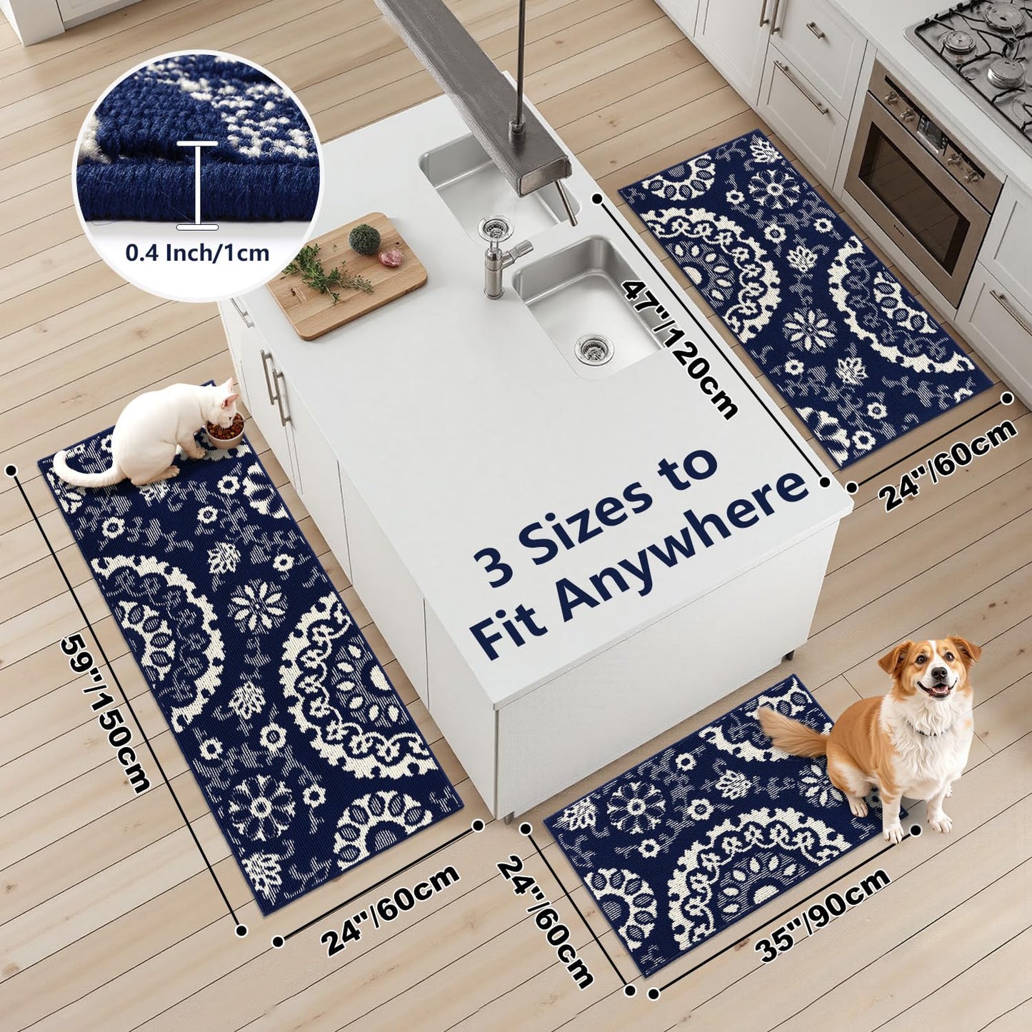 Yamaziot Washable Kitchen Rug Sets of 3, Non Slip Kitchen Mats High-Low Textured Kitchen Runner Rugs Stain Resistant Absorbent Floor Carpet for Hallway, Laundry, Sink (Navy Blue, 2x3+2x4+2x5ft)