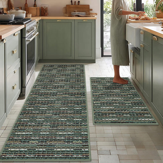 Kitchen Rugs Sets of 2-Non Slip Kitchen Mats for Floor-Thick Stain Resistant Vintage Kitchen Floor Mat Runner Carpet for Hallways Entryway Laundry Room Washable（Green 22"x59"+20"x32"）