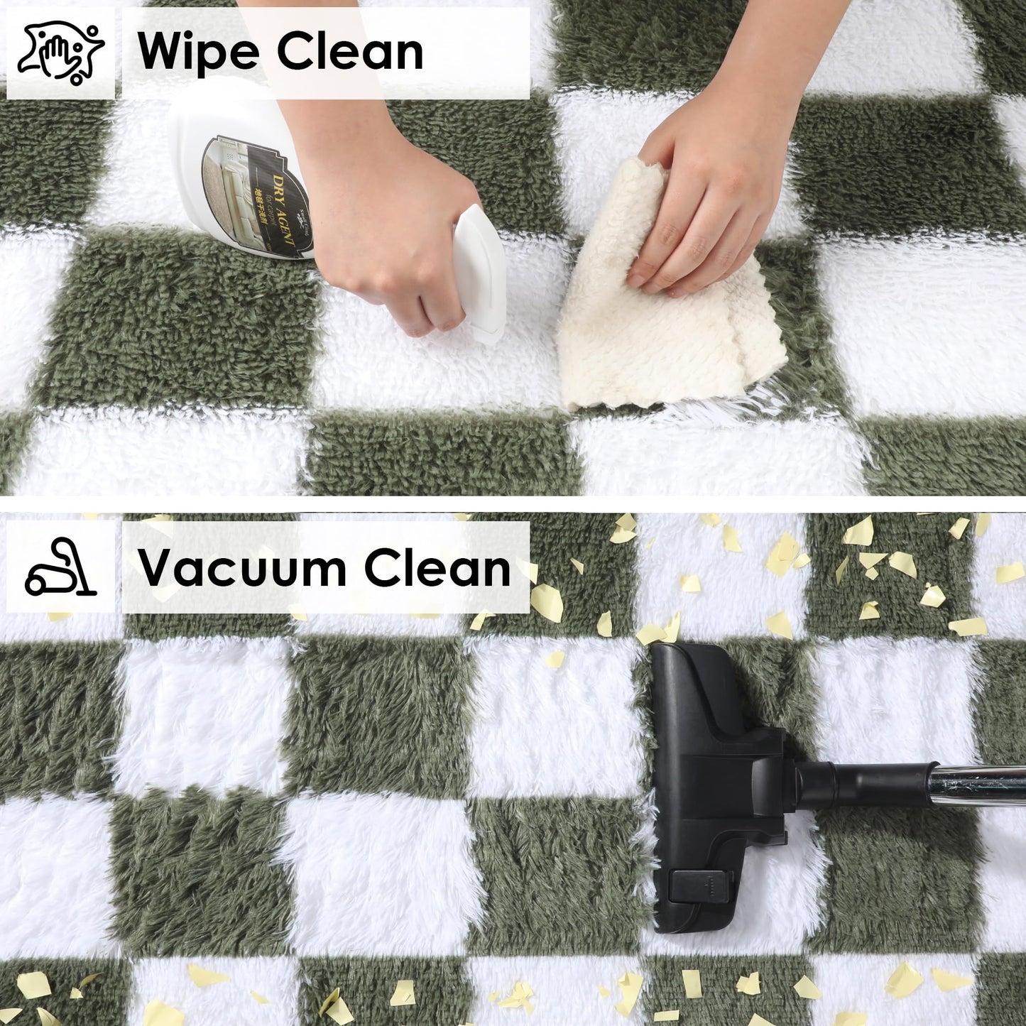 KICMOR Area Rugs for Bedroom Living Room, 4x6 Soft Fluffy Olive Green and White Checkered Shag Rug Fuzzy Shaggy Plush Bedside Carpet, Non-Slip Indoor Floor Rug for Boys Girls Room Nursery Home Decor