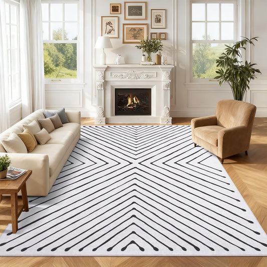 ROYHOME Area Rug 9x12 Living Room Rug Non Slip Modern Bedroom Stain Resistant Dining Room Throw Carpet Geometric Low Pile Untra Soft Contemporary Accent Carpet for Home Office, White&Black