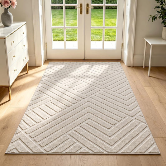 Bsmathom 3x5 Washable Area Rug, Boho Neutral Modern Soft Carpet Mat, Beige