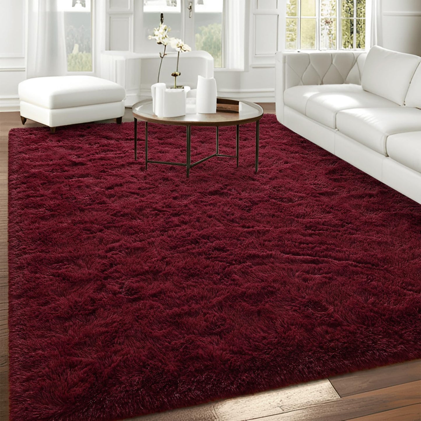 FALARK Fluffy Burgundy Red 8x10 Large Area Rugs for Living Room, Soft Plush Dark Red Rug for Living Room Decor, Big Shaggy Floor Carpet, Thick Non Slip Rectangle Carpets for Home Decor