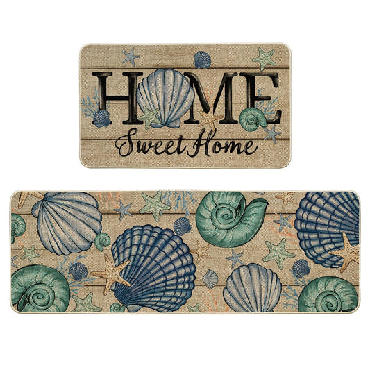 Artoid Mode Blue Conch Starfish Summer Kitchen Mats Set of 2, Seasonal Sweet Home Decor Low-Profile Kitchen Rugs for Floor - 17x29 and 17x47 Inch