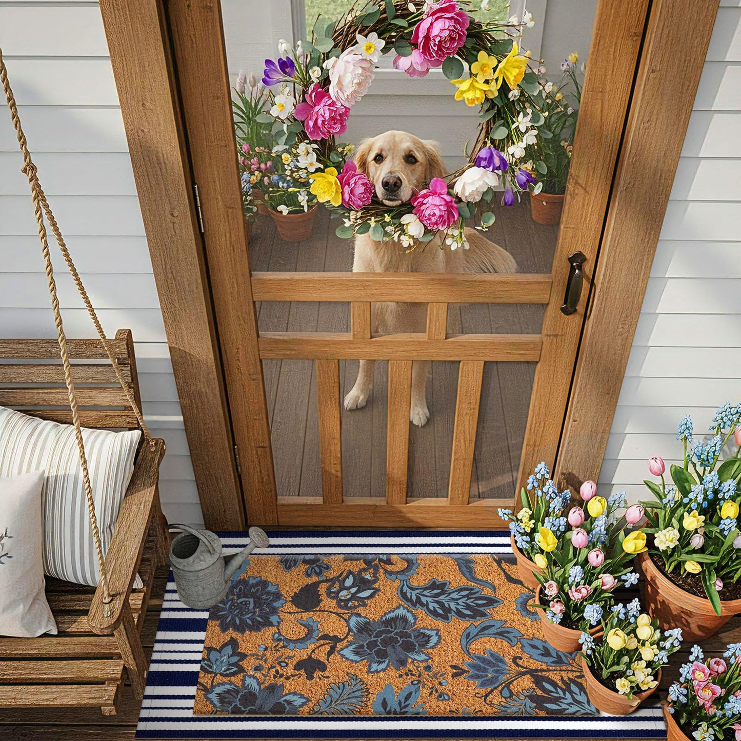 Moucuny 2 Pcs Navy Blue Coir Doormat Outdoor Navy Blue and White Checked Rug Doormats Indoor Outdoor Rugs for Layered Front Door Mats, Porch, Kitchen, Farmhouse, Entryway