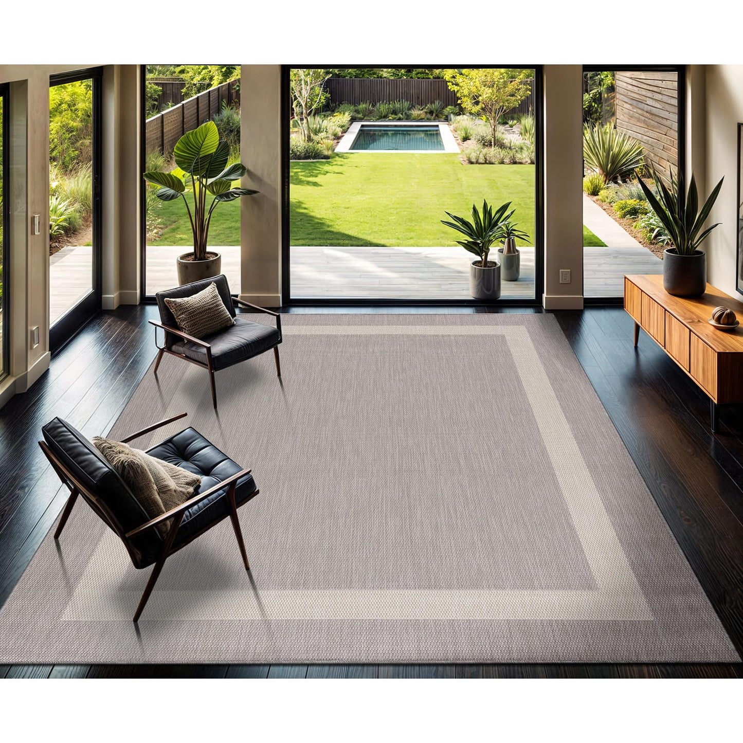 CAMILSON Outdoor Rug 9x12,Large Modern Outside Rugs for Patios Porches Waterproof Durable Washable Non-Shedding, Easy-to-Clean Indoor Outdoor Area Carpet (9 x 12, Bordered - Gray/White)