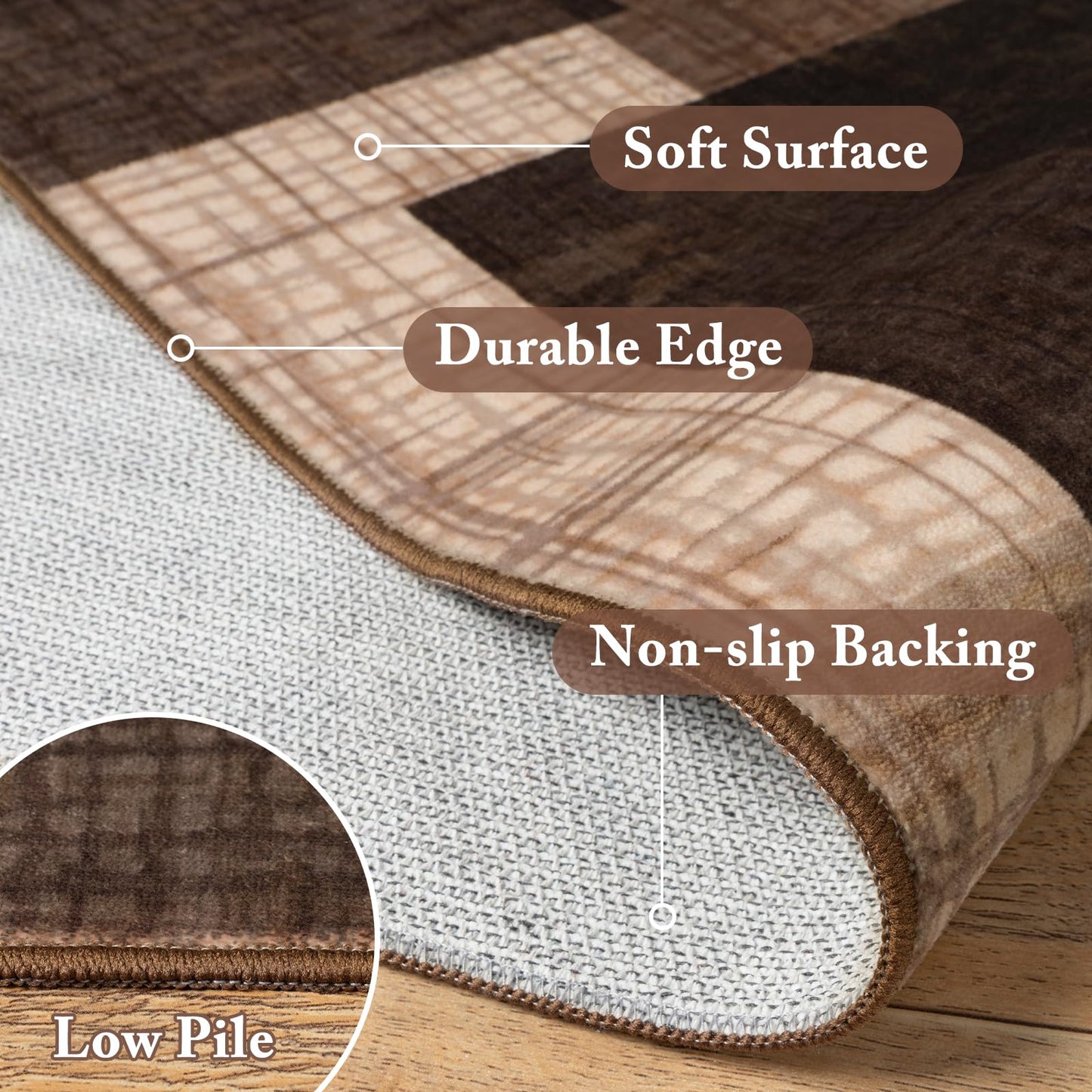 Ailyei Washable 2x8 Runner Rug for Hallway Kitchen Bedroom, Modern Geometric Patchwork Grid Print Non Slip Carpet, Soft Stain Resistant Long Runner with Rubber Backing, Chocolate