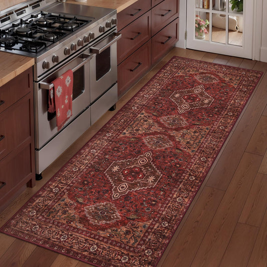 Tangsoo Red Oriental 2x5 Washable Runner Rug for Hallways, Non Slip Boho Runner Rug, Vintage Soft Low Pile Long Rug Runner, Carpet Runners for Kitchen Bedroom Entryway Bathroom Living Room Dark Red