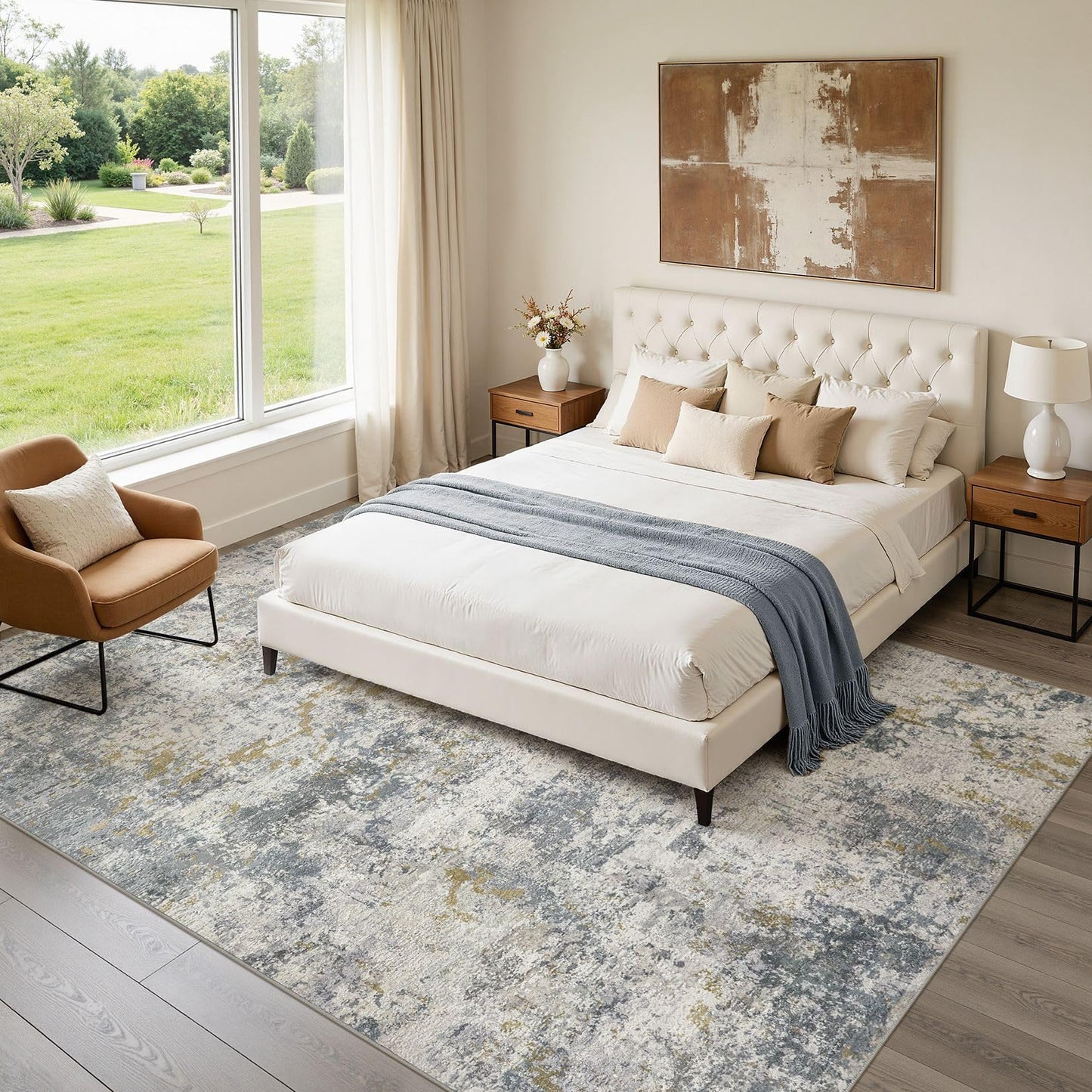 kakania 10x14 Washable Area Rug: Abstract Modern Non Slip Soft Low Pile Carpet, Easy Clean Polyester Kid Pet Friendly, Thin Rug for Living Room Bedroom Kids Dorm Office, Robot Vacuum - Blue Grey