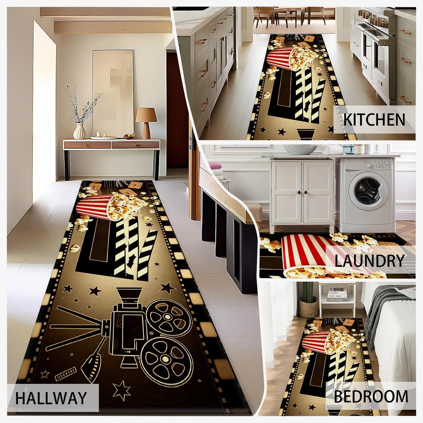 Egljss Movie Theater Rugs 4x10 - Popcorn Rugs for Kitchen, Cinema Clapboard Runner Rug for Hallway, Filmstrip Movie Area Rug Non Slip Washable, Film Popcorn Carpets for Living Room - Theater Decor