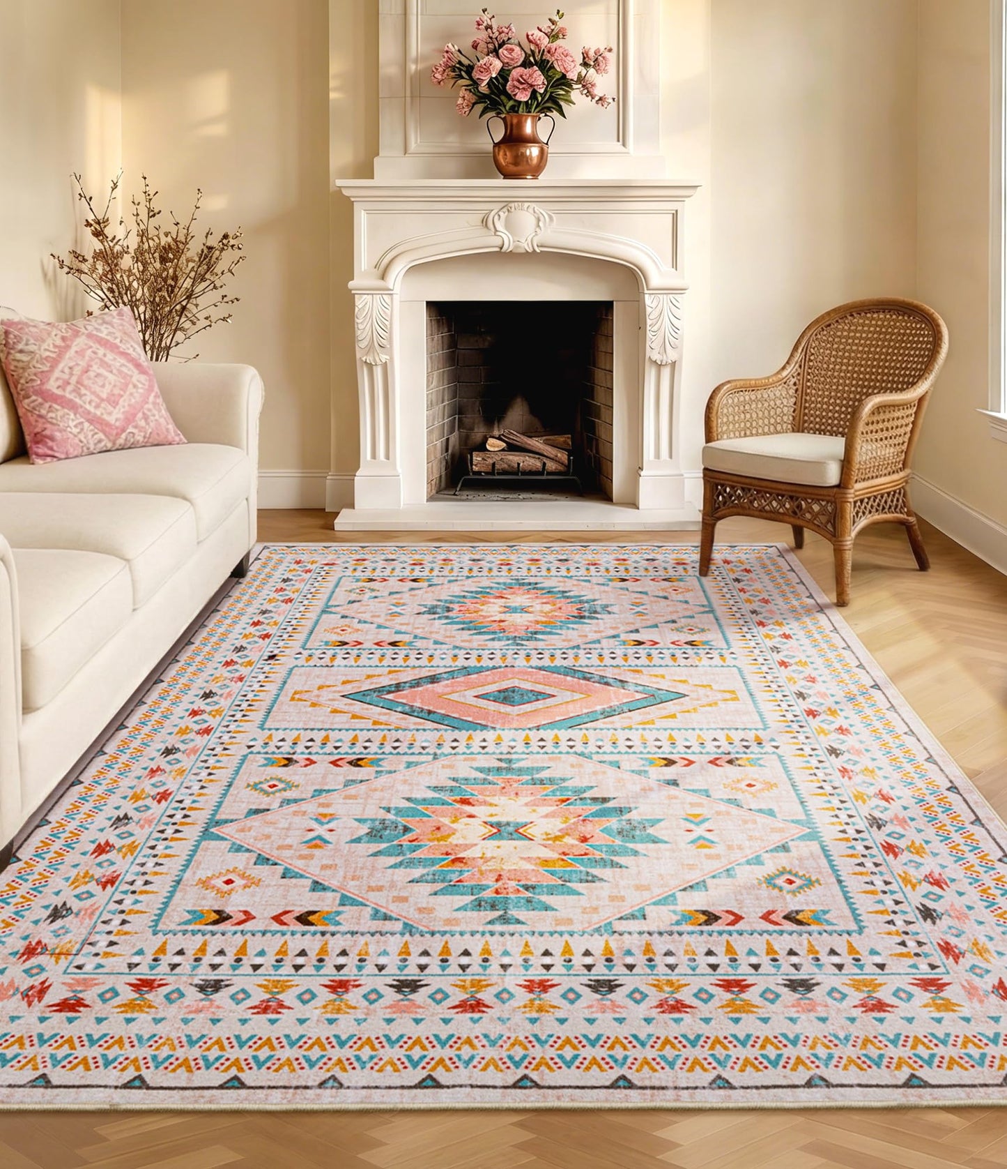 YIHOUSE Boho Living Room Area Rug 5'x7', Pink/Blue