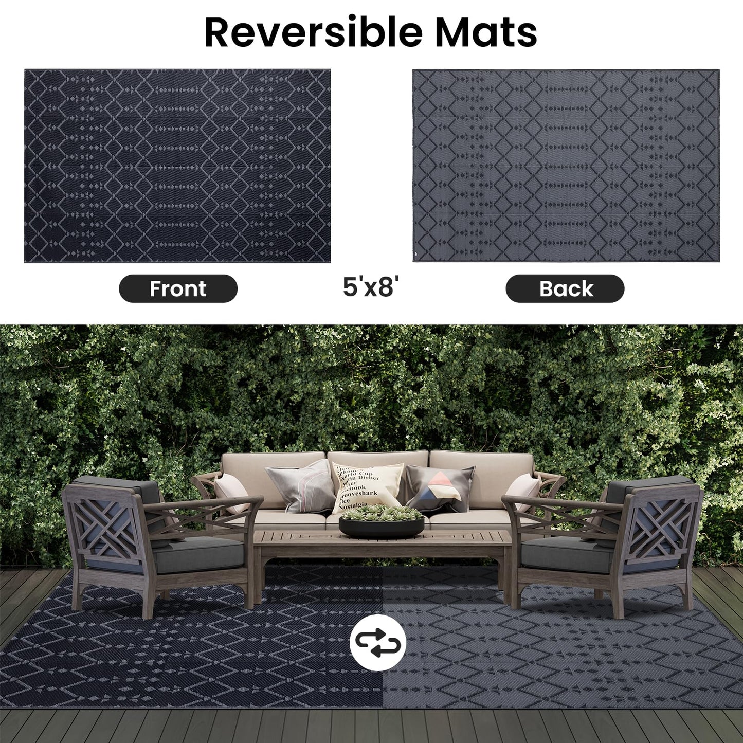 Smiry Outdoor Rug 5x8 ft, Waterproof Reversible Plastic Straw Rugs, Boho Outdoor Area Rug, Outside Floor Mat for Patio, Backyard, Deck, Picnic, Beach, Camping, Dark Grey