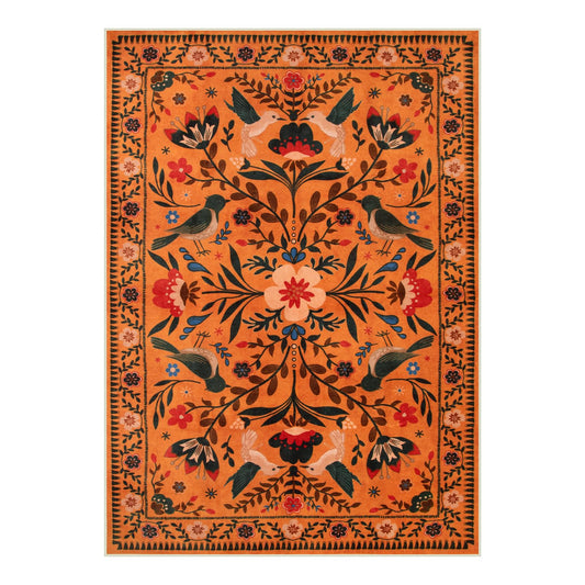 Moynesa Bedroom Rug 5x7, Washable Bohemian Scandinavian Orange Area Rugs for Living Room Dining Room Reading Coner, Modern Country Floral Bird Carpet, Fall Home Decor Non-Slip Protection