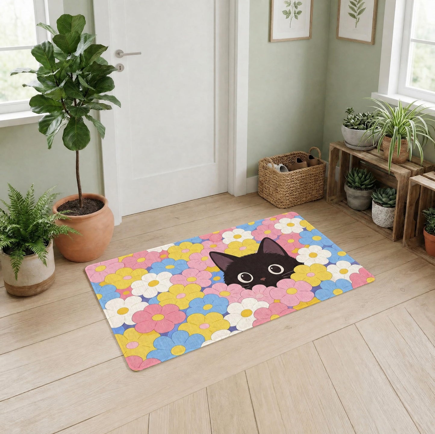 Spring Summer Doormat Black Cat Flowers Welcome Front Door Mat 30"X17"Cat Rug Non Slip Durable Indoor Outdoor for Entryway Hallway Bedroom Housewarming Gift