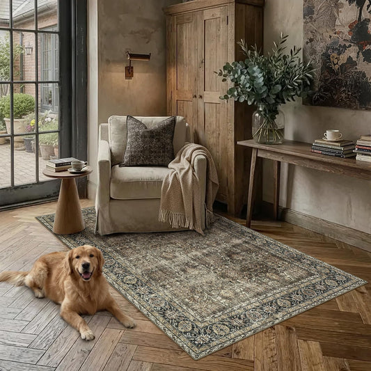 PureCozy Vintage Area Rug 3x5 Brown Entryway Office Washable Carpet Non Slip Bedroom Indoor Living Room Door Mat Low Pile Traditional Distressed Retro Accent Rug for Dining Room Bathroom Kitchen