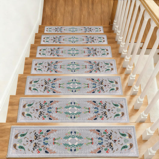 Retro Stair Treads Non Slip for Wooden Steps, 8"x30" Stair Carpet TPR Backing Stair Carpet Treads Soft Stair Runner Washable Reusable Stair Rugs Indoor Safety Stair Mats for Elders Kids Dogs Grey