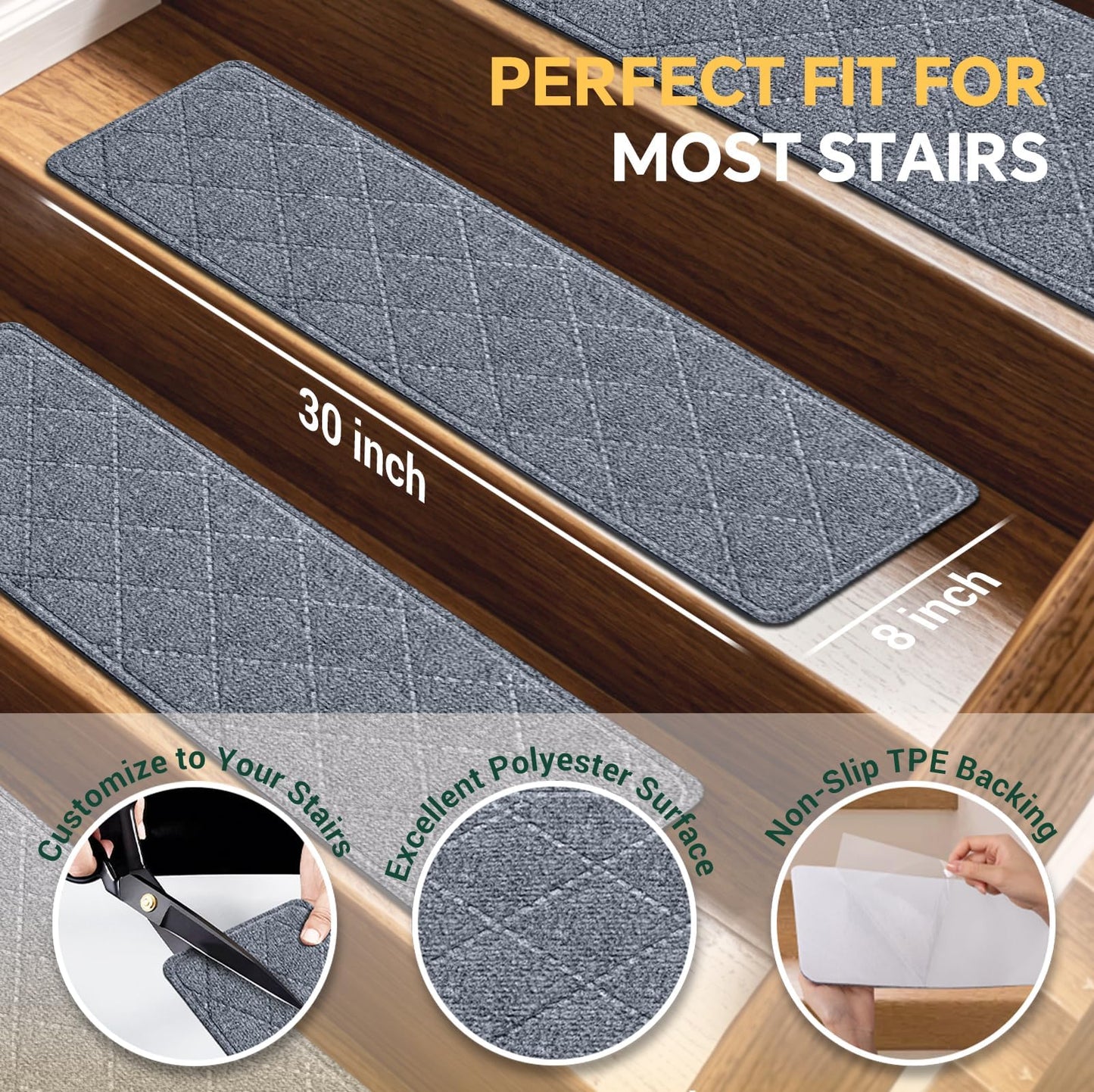 TranquilMoments Stair Treads Non-Slip for Wooden Steps, 4Pack - 8" x 30" Edging Stair Runner Indoor for Kids Elders & Pets, Washable Carpet Stair Treads with Peel & Stick Reusable TPE Backing, Grey