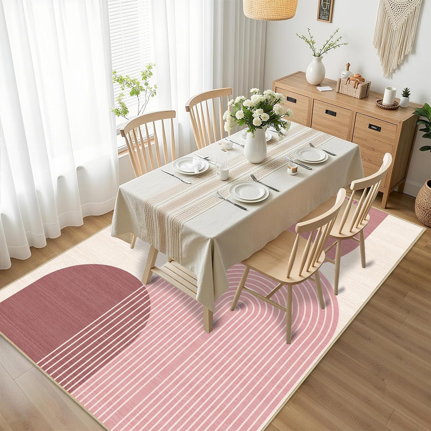 Boho Large Area Rug 4x6 for Living Room Bohemian Rugs Machine Washable Modern Geometric Rug Non Slip Printed Low Pile Indoor Floor Carpet for Dining Room Bedroom Office,Pink