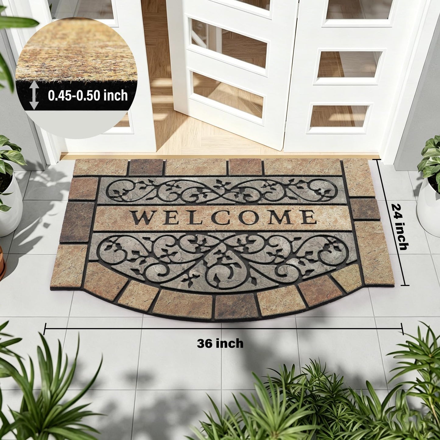 New Large 36"x24" Heavy Duty Welcome Mat Outdoor with Non-Slip Rubber Backing - Durable Outdoor Door Mat for Front Door Entrance, Garage, Patio & High Traffic Areas - Stone Scroll Design（Brown）