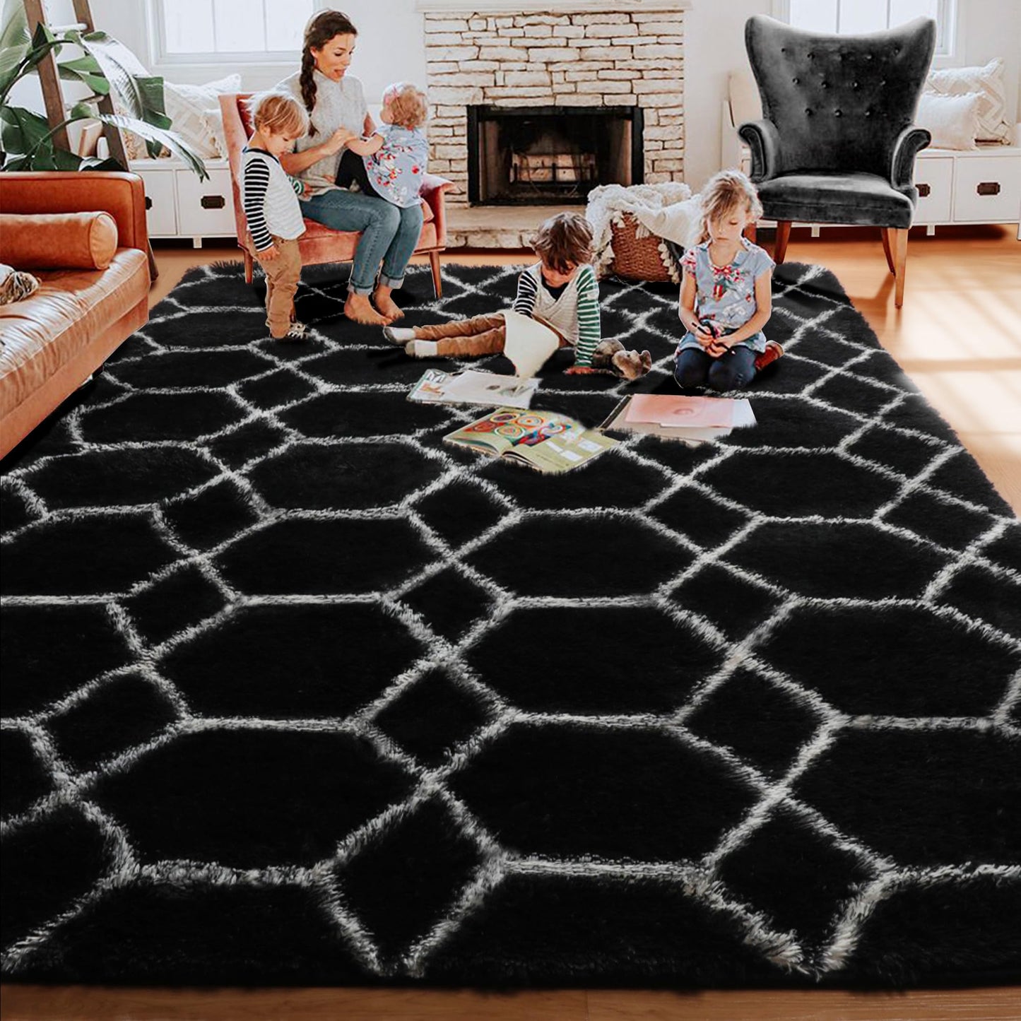 ONASAR 5x7 Area Rugs for Living Room Bedroom, Fluffy Black and White Rug, Geometric Boho Soft Plush Shaggy Floor Carpet Mat for Nursery Kids Girls Boys Teen Dorm Home Decor Aesthetic