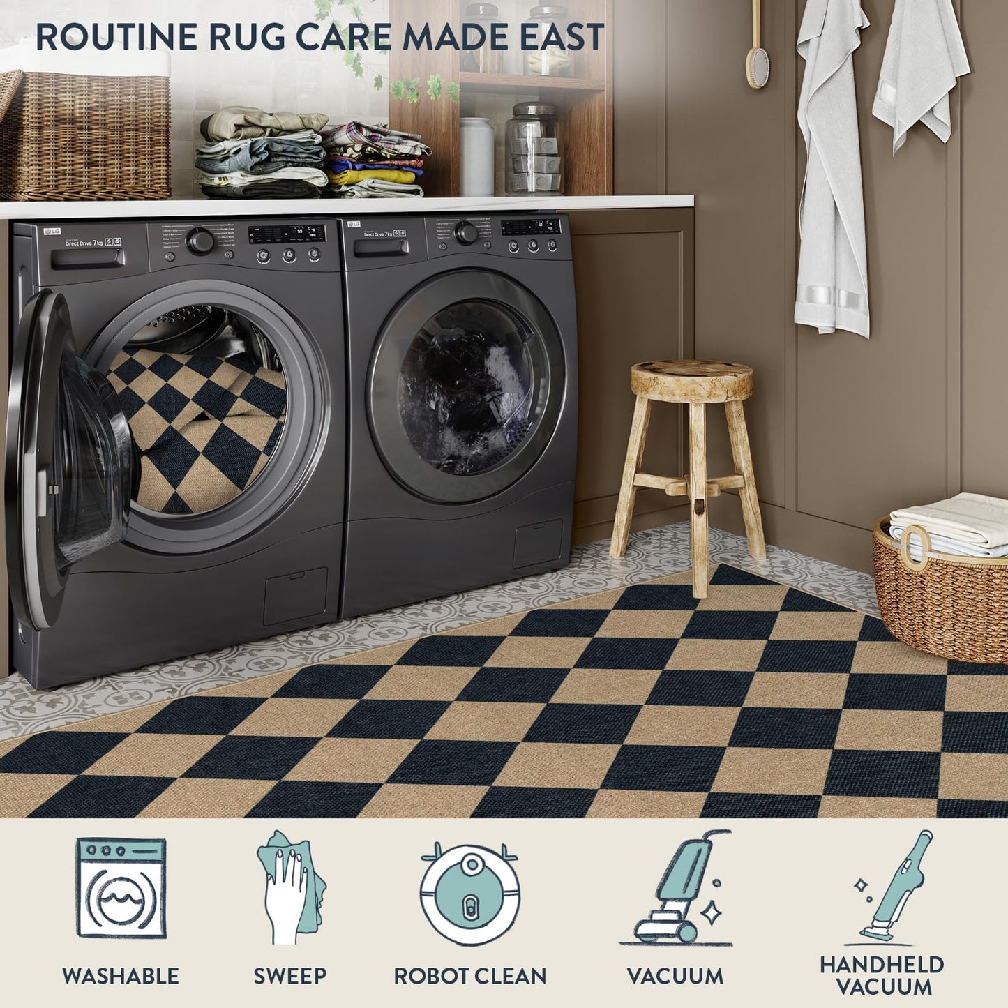 Lahome Checkered Easy Jute Non Slip Runner Rug, 2x6 Kitchen Runner Rug Washable Outdoor Rug for Entryway Indoor, Checkerboard Black Indoor Outdoor Carpet for Hallway 6ft Entry Front Door
