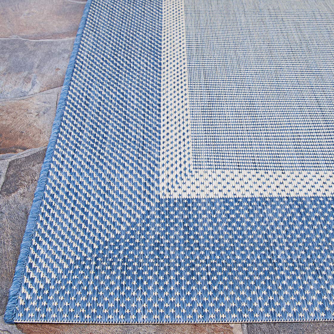 Couristan Recife Indoor Outdoor Rug - Stria Texture 7'6" x 10'9" Rectangle in Ivory and Blue, Hose Washable, Low Pile, Pet- Kid Friendly Home Decor for Living Room, Patio Furniture Set, Kitchen