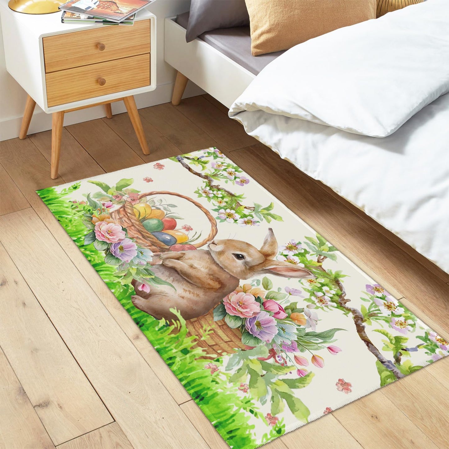Wnoesat Easter Decorative Area Rug 2x3 Spring Easter Egg Bunny Floral Front Door Mat Rabbit Flowers Indoor Outdoor Non-Slip Small Entryway Throw Rugs for Kitchen Bathroom Living Room Bedroom