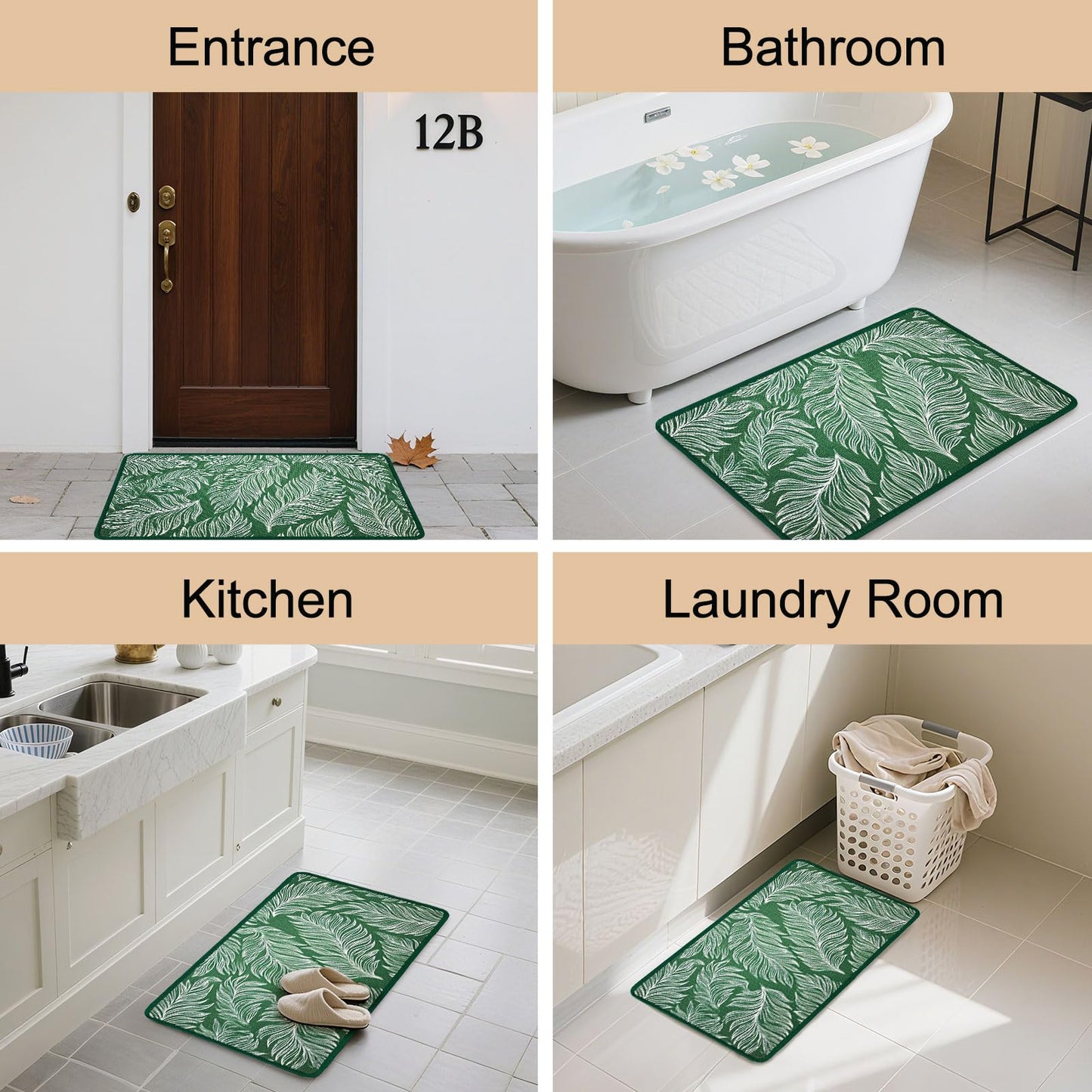 Worltoldb Green Leaves Door Mat Indoor Outdoor Entrance Floor Mats Non-Slip Washable Decor Rugs 27x15 Inch