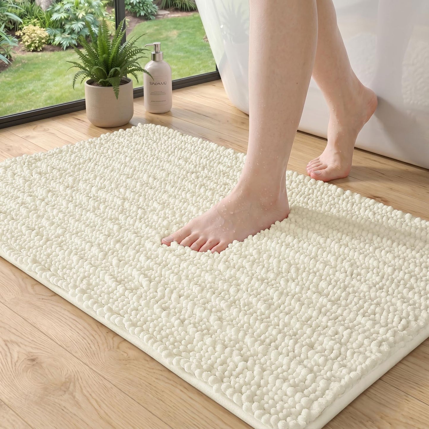 DEXI Bathroom Rugs 24x16, Super Soft Thick Chenille Absorbent Bath Mat, Non Slip Machine Washable Fluffy Shag Bathmat for Tub, Shower Floor, Ivory