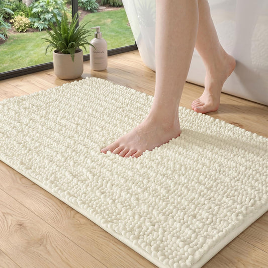 DEXI Bathroom Rugs 24x16, Super Soft Thick Chenille Absorbent Bath Mat, Non Slip Machine Washable Fluffy Shag Bathmat for Tub, Shower Floor, Ivory