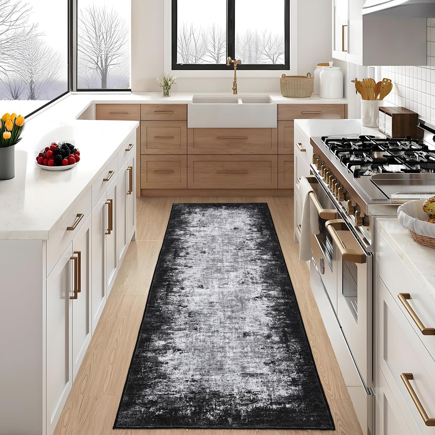 GarveeHome Machine Washable Runner Rugs 2x6 Non-Shedding Abstract Hallway Rug with Non-Slip Backing, Foldable Contemporary Low Pile Floor Cover for Bedroom, Laundry, Grey