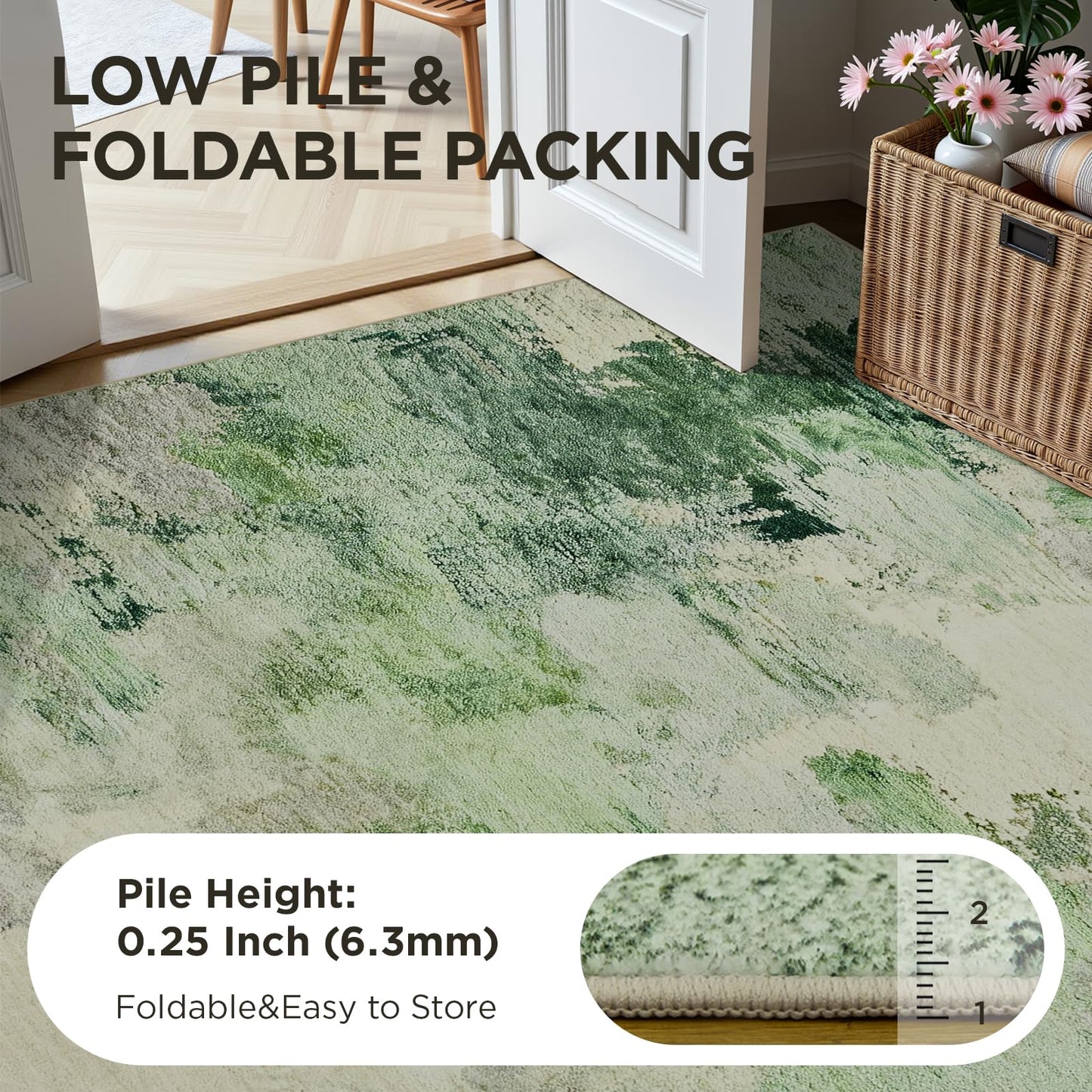 Joydeco Area Rugs 5x7 Washable, Light Green Modern Abstract Non-Slip Soft Low-Pile Carpet for Living Room, Bedroom & Dining Room