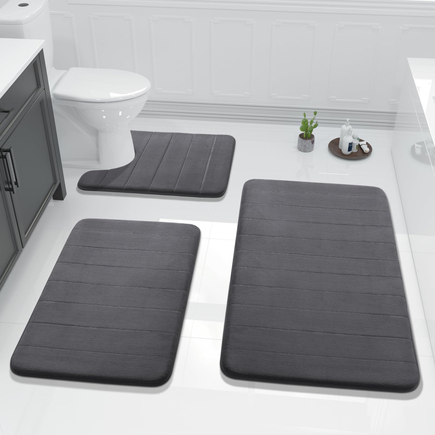 Yimobra 3 Pieces Memory Foam Bath Mat Set with U-Shaped Toilet Rug - Non Slip Super Soft Absorbent Quick Dry Bathroom Rugs for Bathtub, Vanity & Toilet Base, Dark Gray
