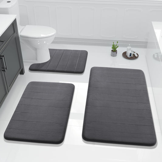 Yimobra 3 Pieces Memory Foam Bath Mat Set with U-Shaped Toilet Rug - Non Slip Super Soft Absorbent Quick Dry Bathroom Rugs for Bathtub, Vanity & Toilet Base, Dark Gray
