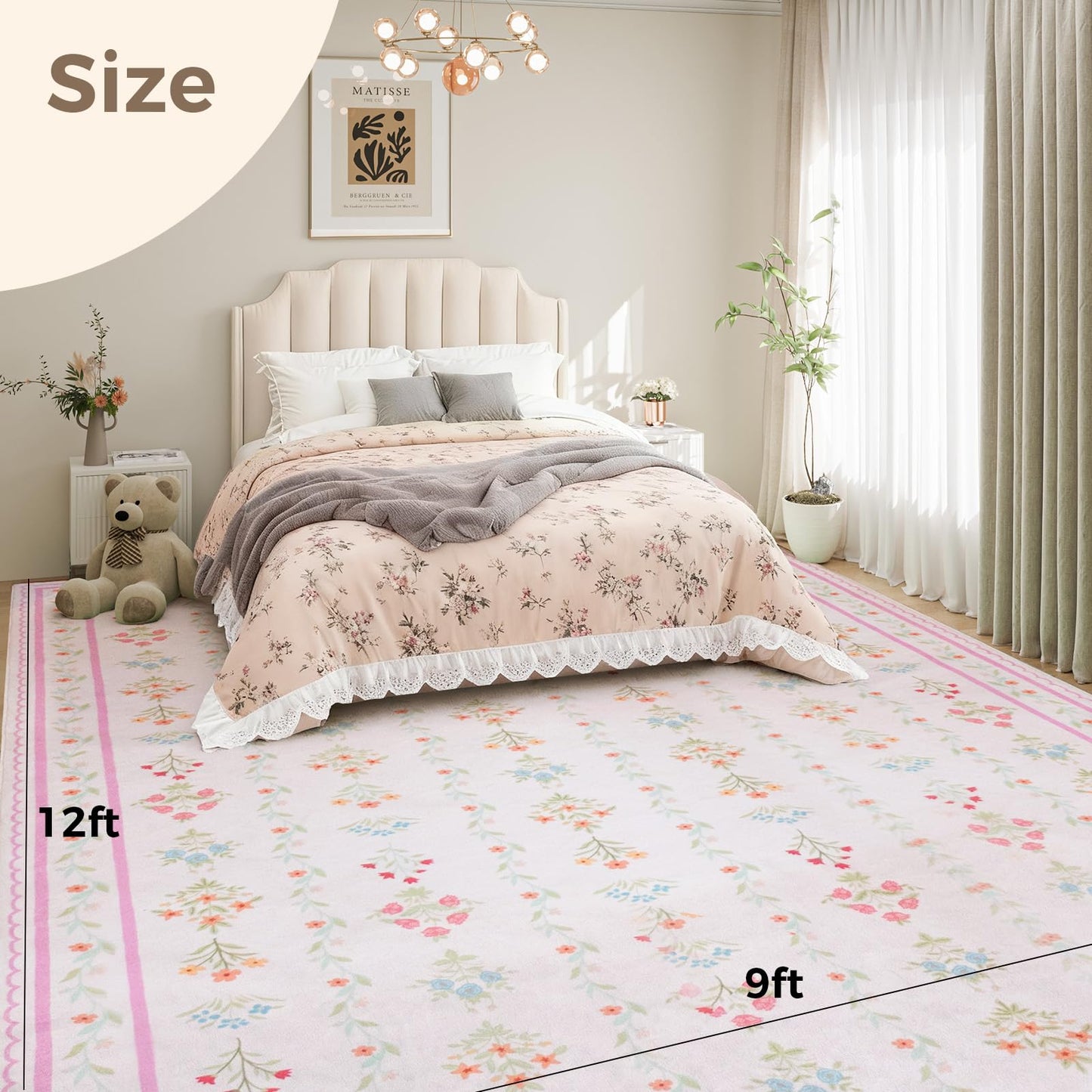Kitogna 9x12 Area Rugs, Floral Washable Area Rug with Low Pile, Non-Slip Boho Vintage Area Rugs for Living Room, Bedroom, Kids Playroom & Entry