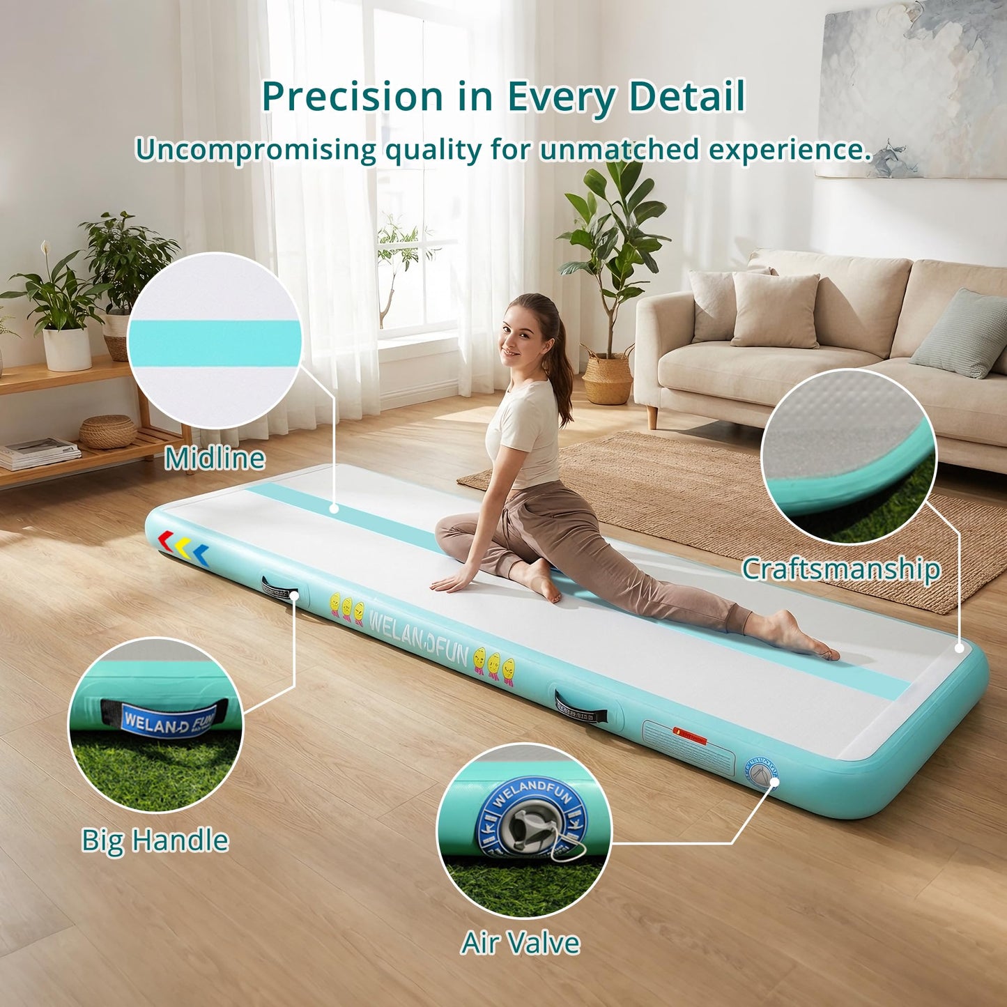 WELANDFUN Air Tumble Track Mat for Gymnastics | 4 / 6 / 8 inches Air Tumbling Mats, 6.56 / 10 / 13 / 16ft Inflatable Gymnastics Mat for Home Use, Training, Cheerleading, Water Yoga with Electric Air Pump (Mint_Green, 10ft x 3.3ft x 6inch)