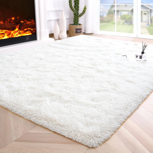 4'x5'3'' White Area Rug for Living Room Bedroom Dining Room, Fluffy Shag Soft Plush Furry Carpet Solid Color, Non-Slip Indoor Floor Mat for Kids Home Decor