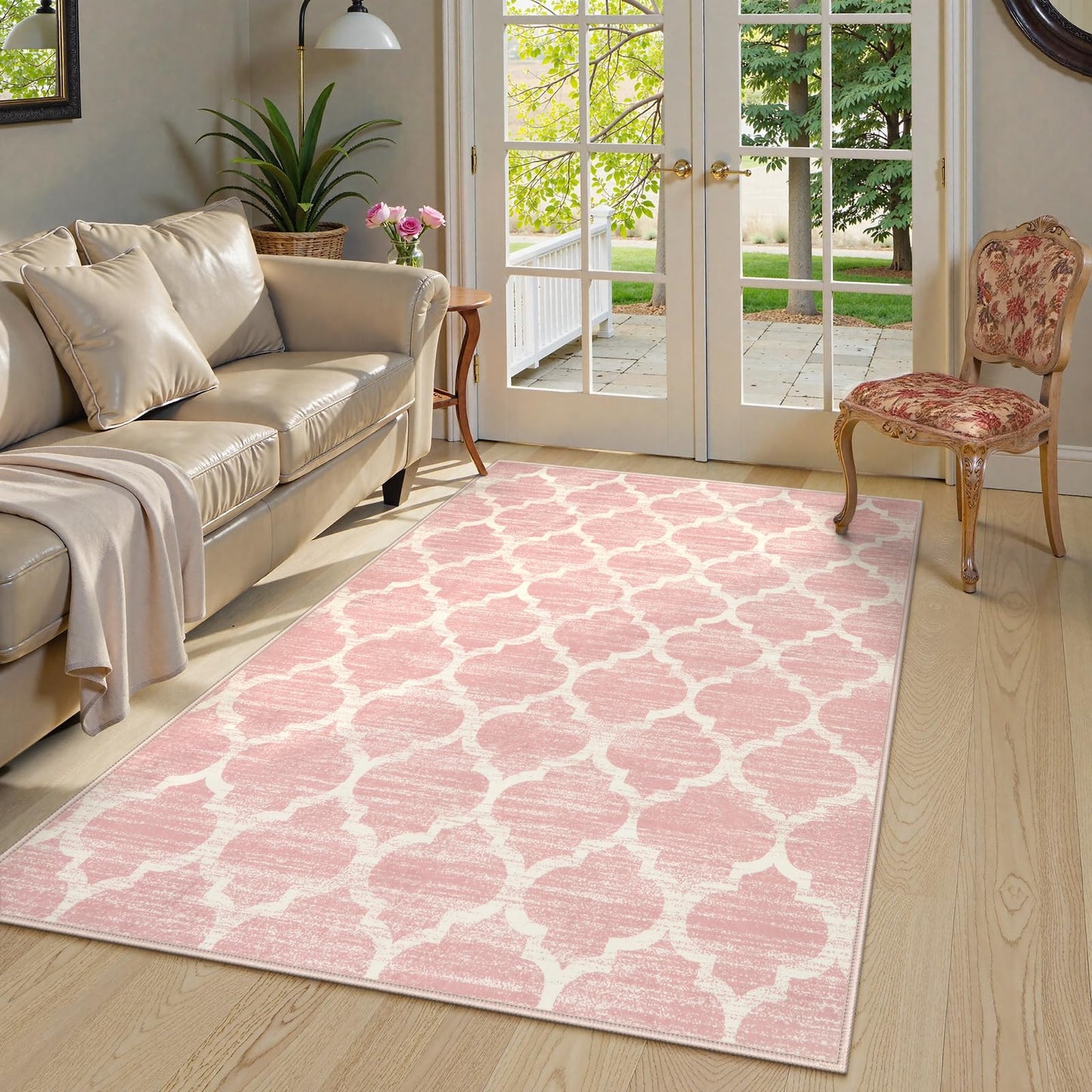 Lahome Nursery Rug 5x7 Area Rugs for Living Room,Washable Pink Rugs for Bedroom Girls,Soft Low-Pile Indoor Floor Boho Carpet for Kids Playroom Dorm Meline