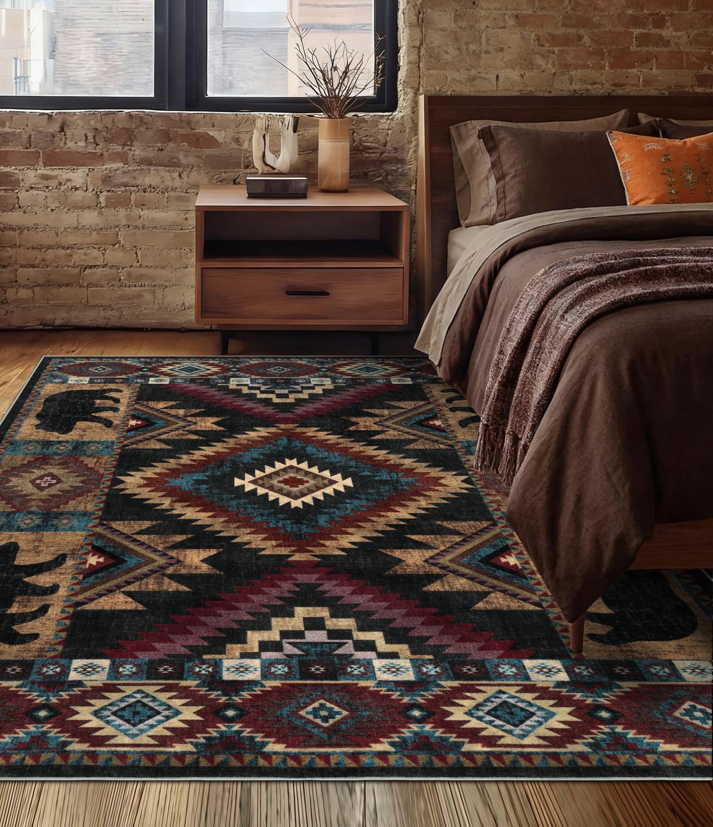 YIHOUSE Rustic Cabin Area Rug for Bedroom 5x7,Machine Washable Lodge Bear Rug,Non-Slip Low Pile Print Pattern Western Rug for Living Room