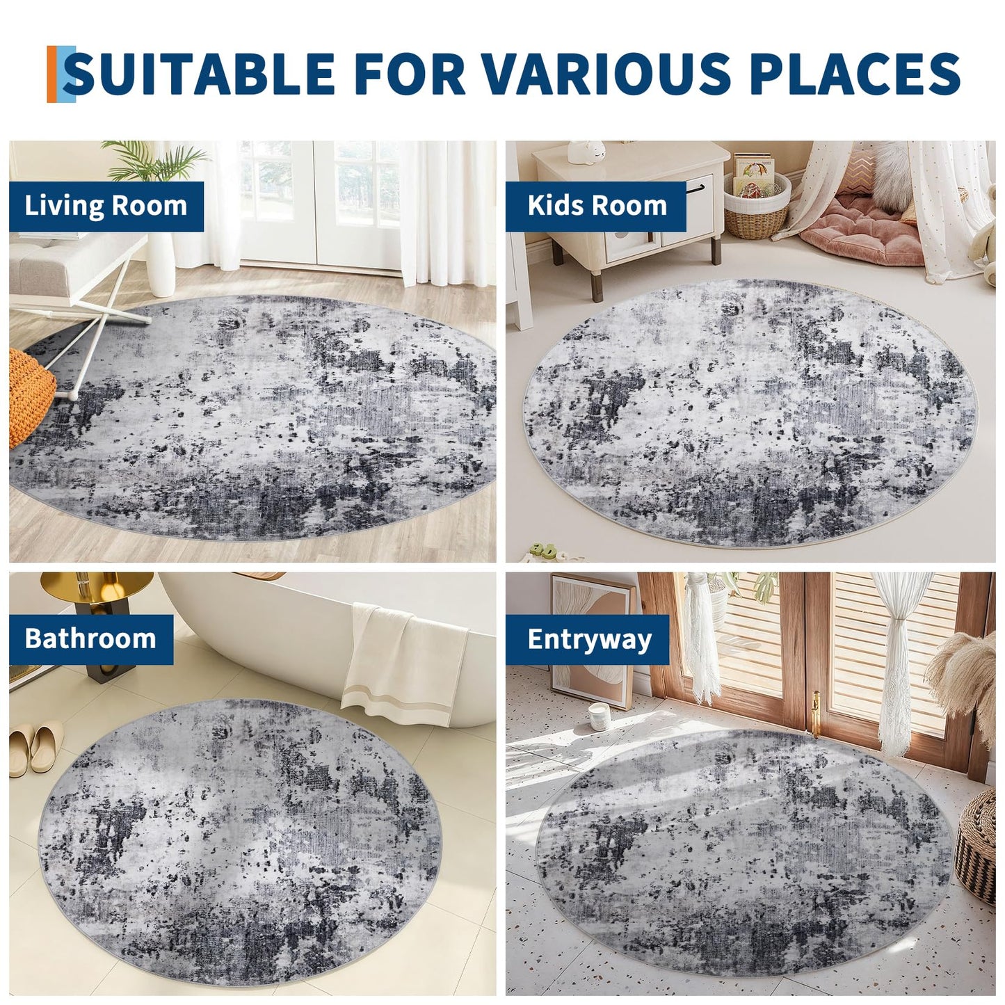 ROYHOME Modern Abstract 4x4 Round Area Rug Non Slip Non Shedding Rug Low Pile Stain Resistant for Bedroom Living Room Office Dining Room,Grey