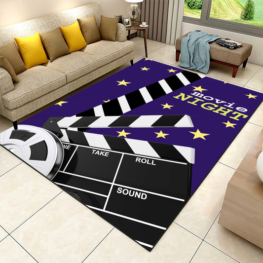 Puyosvr Movie Clapboard Area Rug,5x7ft,On Purple Background Have Film Reel Pattern Rug,for Boys Teens, Vintage Film Clapper Theme Non Slip Carpet, Home Theater Movie Theater Cinema Decorative Rug