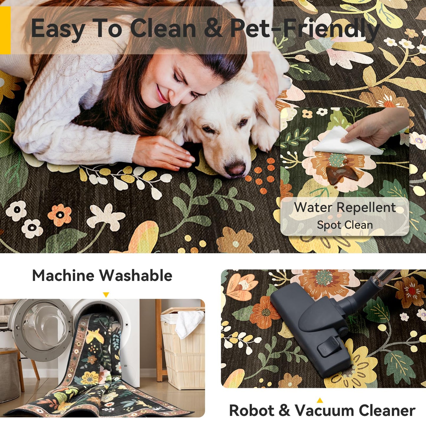 RELEANY Floral 6x9 Area Rugs Washable Print Boho Cute Carpet Non Slip Flower Low Pile for Living Room Bedroom Kitchen Office Farmhouse-Black/Yellow/Red