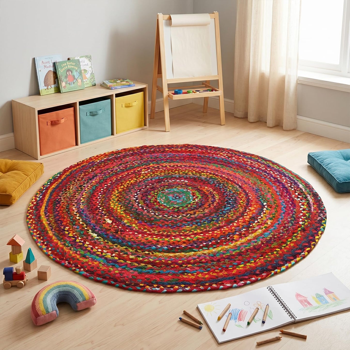 GRUHUM Cotton Area Rug 5ft-Natural Fiber Round Multicolour Handmade Boho Charm Farmhouse Soft Braided Rustic Vintage for Living Room Bedroom Indoor EcoFriendly Kitchen Enterways Hallways(5'ft Round)