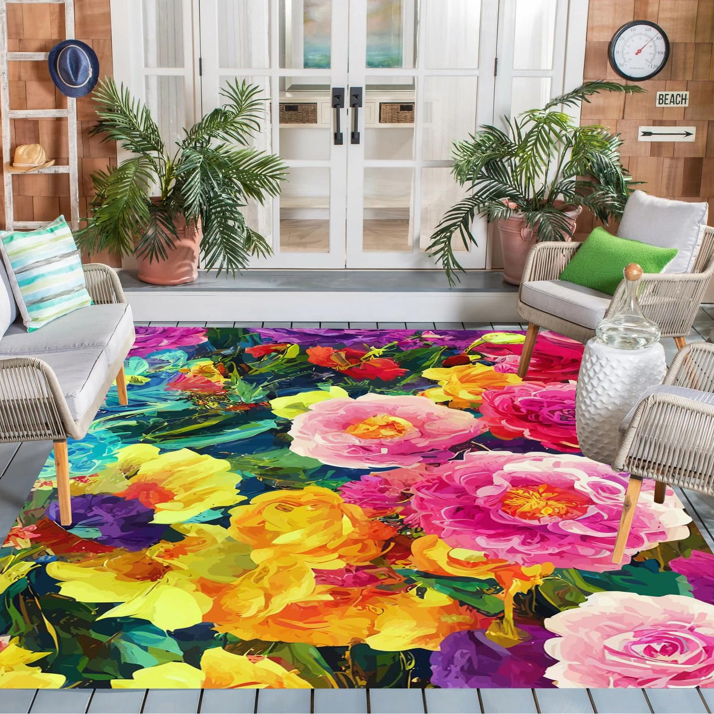 Vibrant Floral Yellow Green Outdoor Rug Modern Contempporary Art Deco Washable Area Rug for Patio Porch Deck Balcony Waterproof Durable Backyard Carpet Cute Garden Large Rugs 2x3